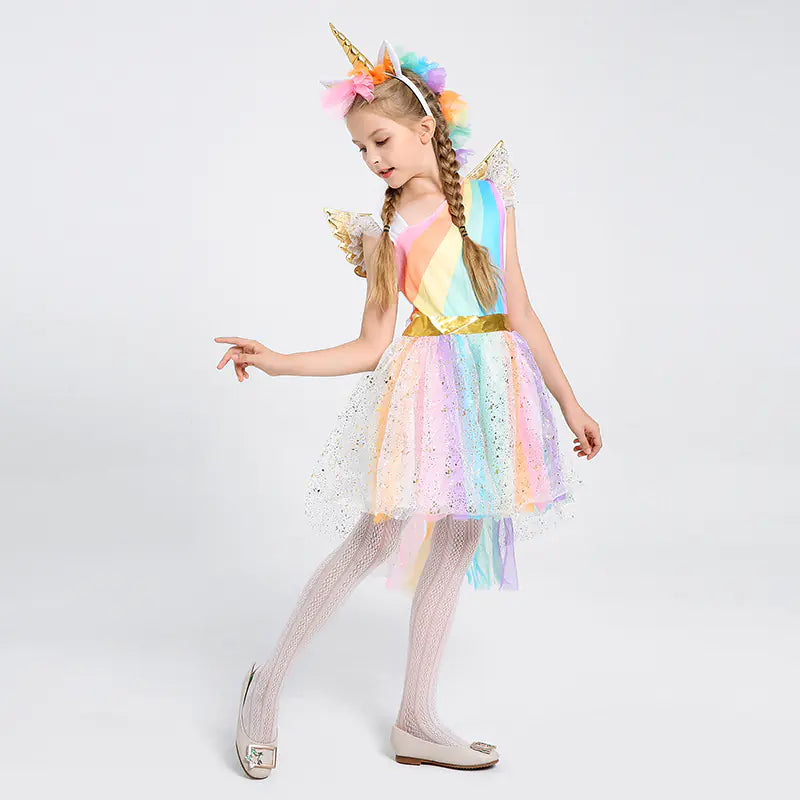 Children's Halloween Costume Unicorn Dress with Rainbow Skirt