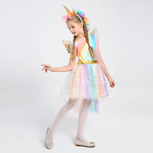 Children's Halloween Costume Unicorn Dress with Rainbow Skirt