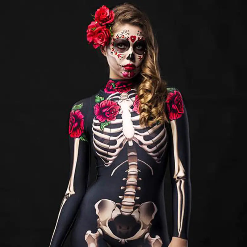 Halloween Skeleton Rose Bodysuit Cosplay Costume