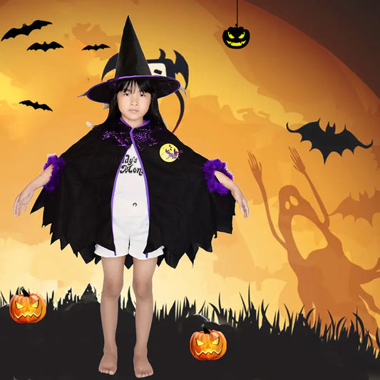 Kids Halloween Witch Cape with Purple Hat Costume