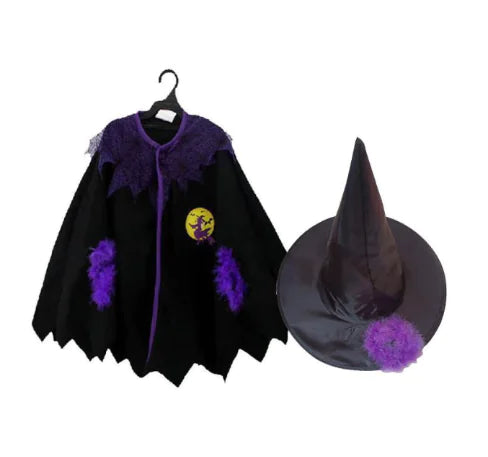 Kids Halloween Witch Cape with Purple Hat Costume