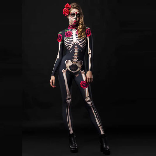 Halloween Skeleton Rose Bodysuit Cosplay Costume