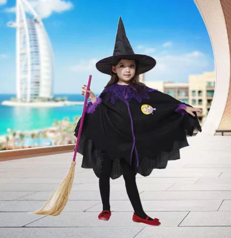 Kids Halloween Witch Cape with Purple Hat Costume