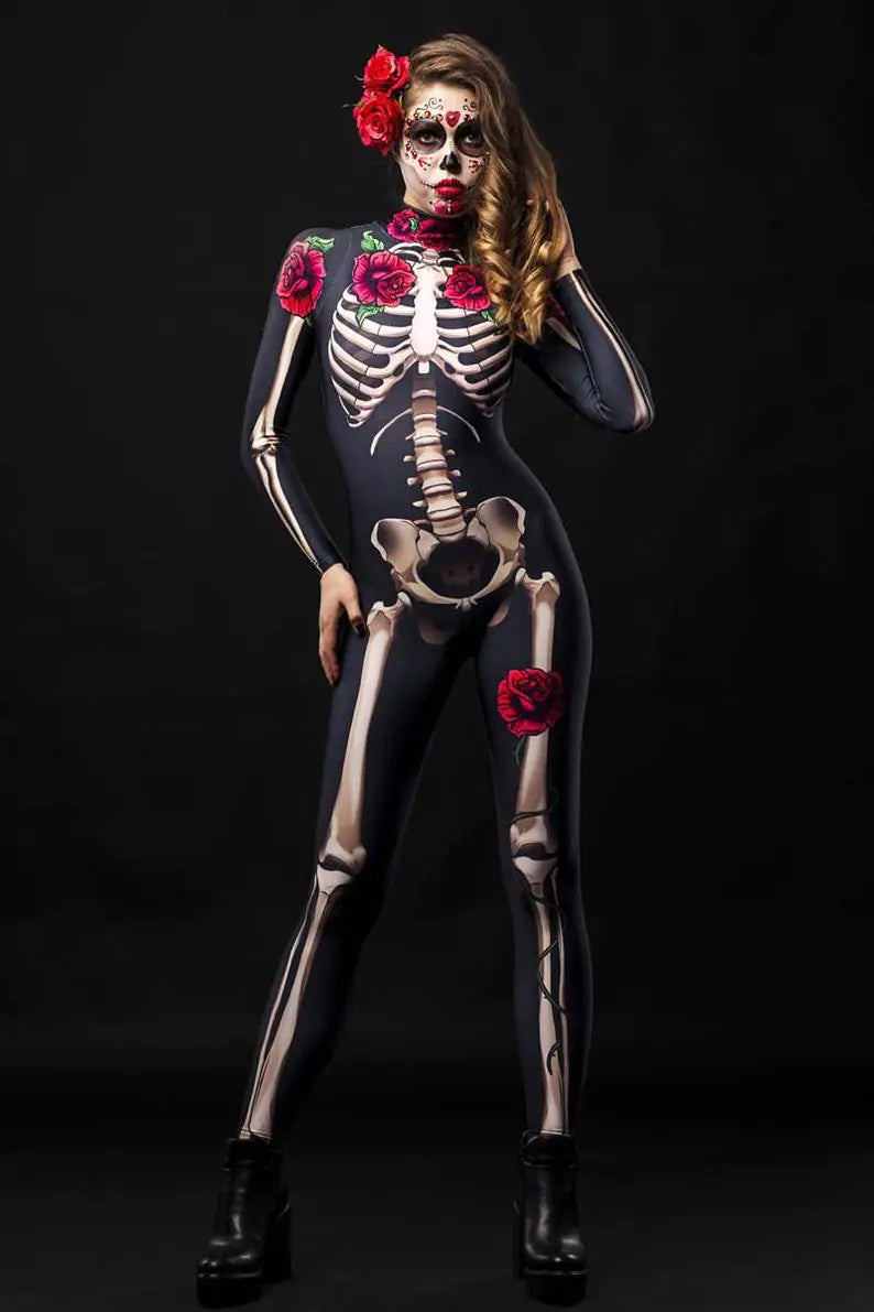 Halloween Skeleton Rose Bodysuit Cosplay Costume