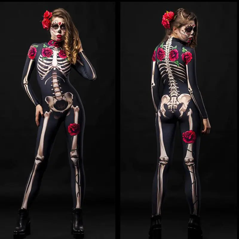 Halloween Skeleton Rose Bodysuit Cosplay Costume